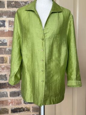 Investments Silky Linen Lime Green Button-Up Blouse 3/4 Sleeve Sophisticated
